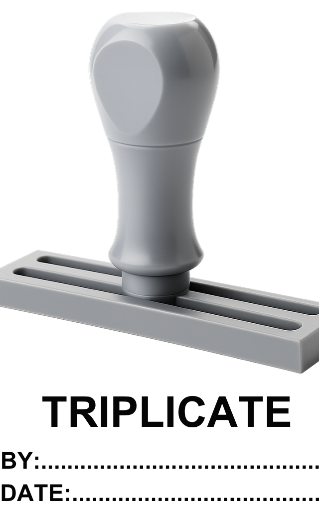 ตรายางข้อความ TRIPLCATE พร้อมช่อง BY: และ DATE: