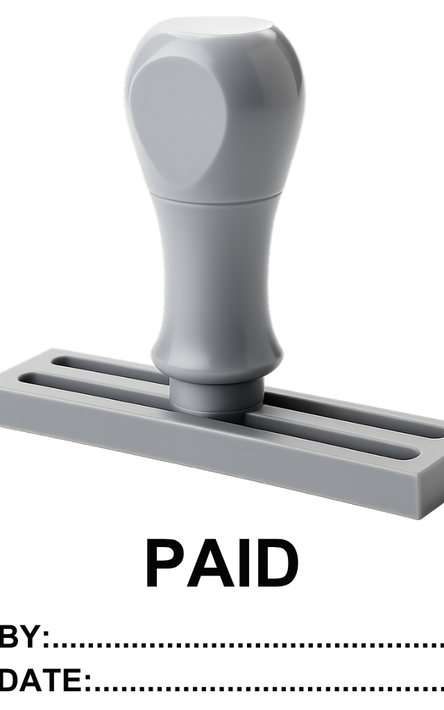 ตรายางสำเร็จรูป 'PAID' พร้อมช่องเซ็นและลงวันที่