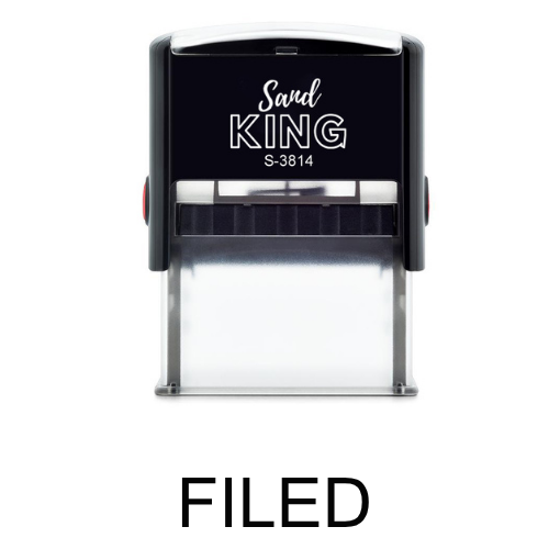 ตรายางหมึกในตัวคำว่า "FILED" สำหรับงานเอกสาร
