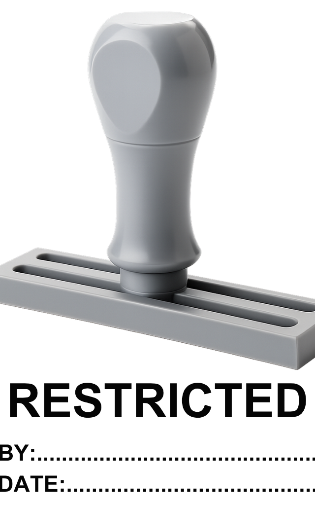 ตรายางข้อความสำเร็จรูป RESTRICTED พร้อมช่องกรอก BY และ DATE