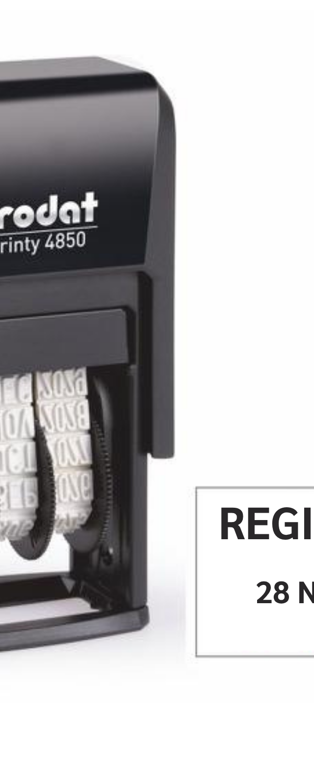 ตรายางวันที่ Trodat Printy 4850 พร้อมข้อความ 'REGISTERED'