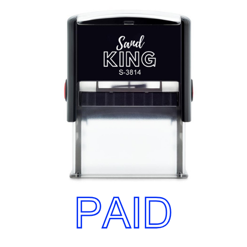 ตรายางหมึกในตัว PAID คำว่า PAID สีน้ำเงิน ชัดเจน