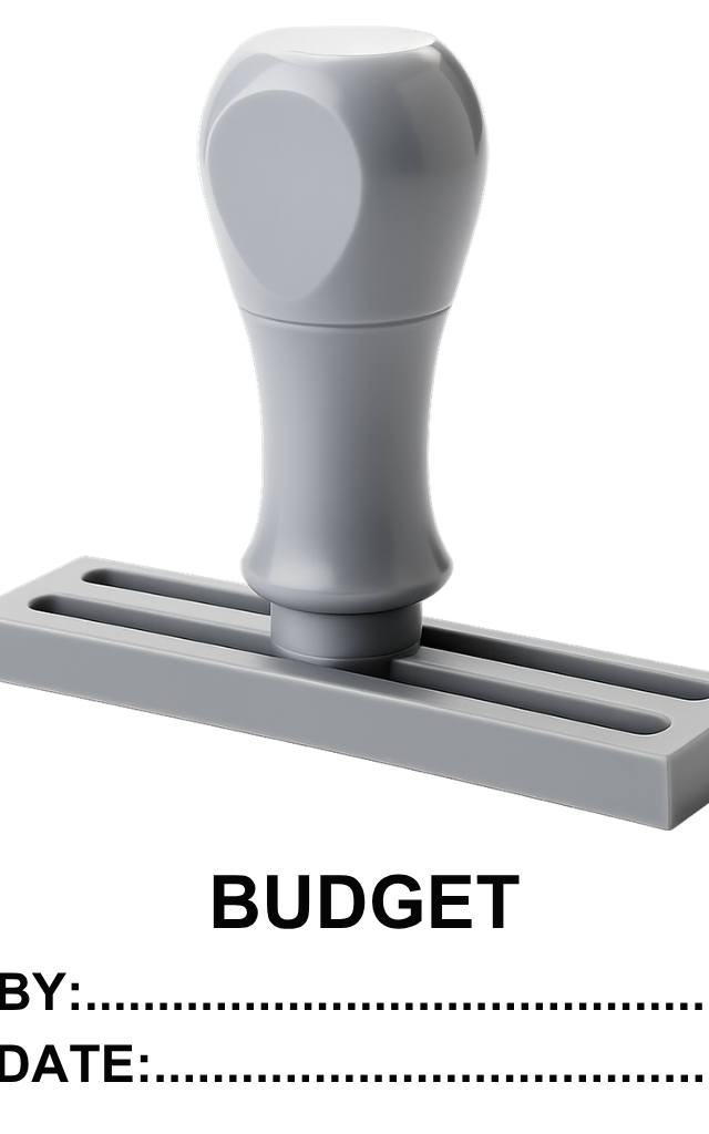 ตรายางหมึกในตัว BUDGET, BY, DATE สำหรับเอกสารบัญชี