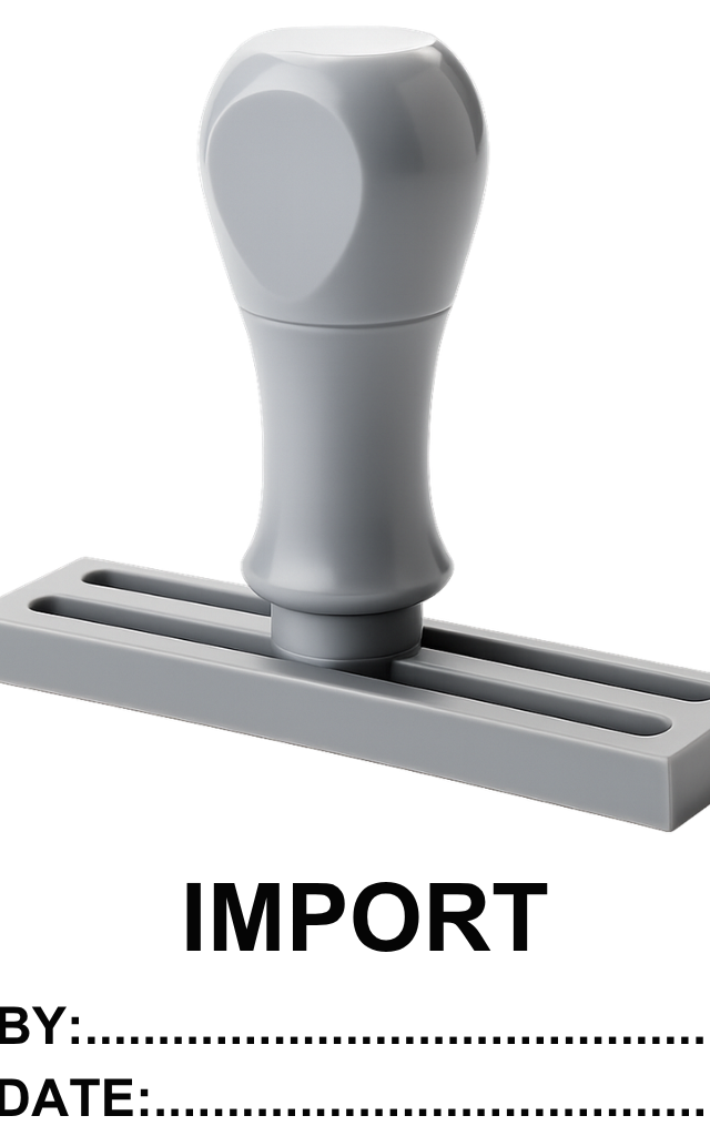 ตรายางข้อความสำเร็จรูป 'IMPORT' พร้อมช่องกรอก By และ Date