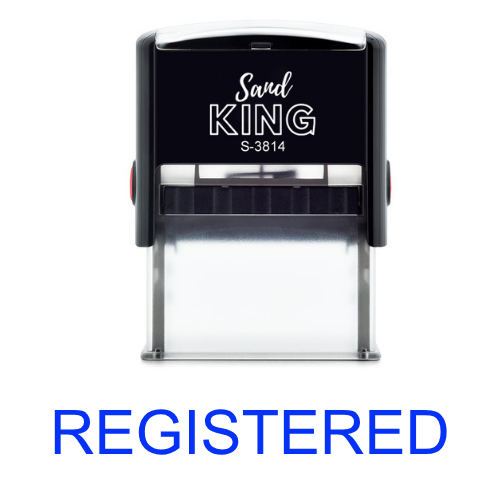 ตรายางหมึกในตัวคำว่า "REGISTERED" (สีน้ำเงิน)