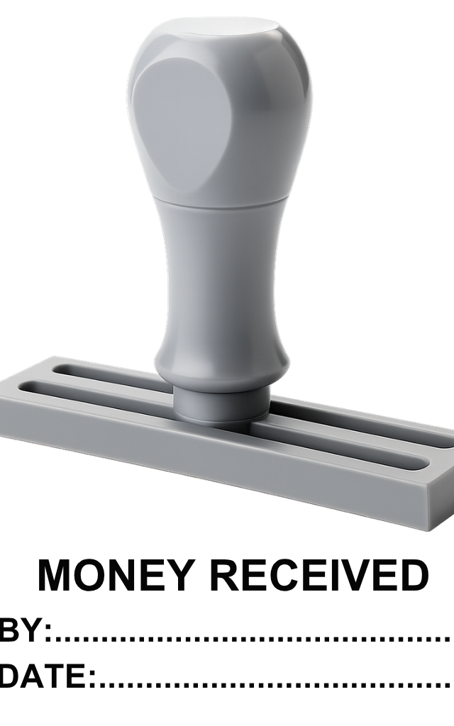 ตรายางข้อความสำเร็จรูป 'MONEY RECEIVED' พร้อมช่อง BY: และ DATE: