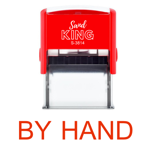 ตรายางหมึกในตัวสำเร็จรูป 'BY HAND' สีแดง