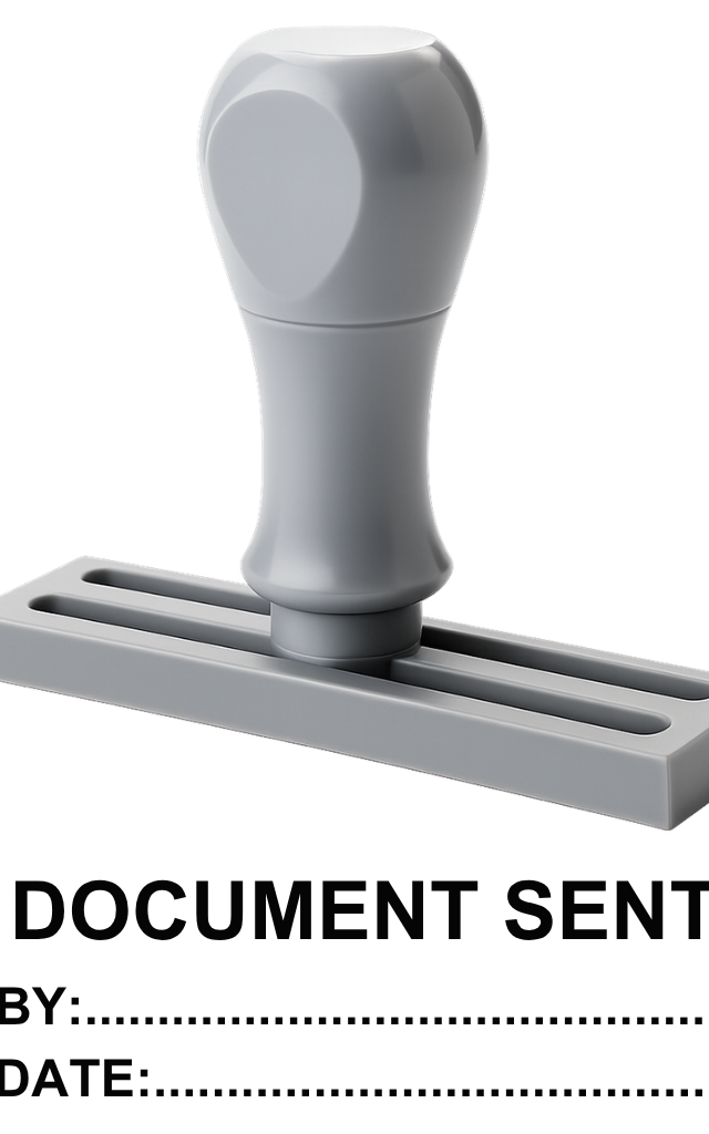 ตรายางข้อความ 'DOCUMENT SENT BY... DATE...' พร้อมด้ามจับ