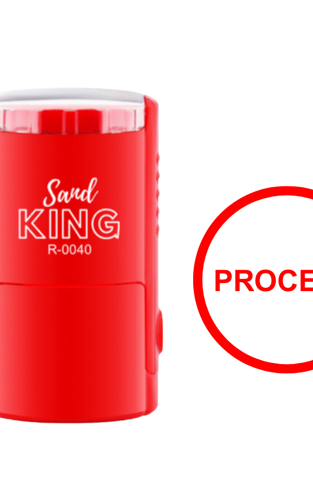 ตรายางหมึกในตัว Sand King R-0040 ข้อความ 'PROCEED' สีแดง