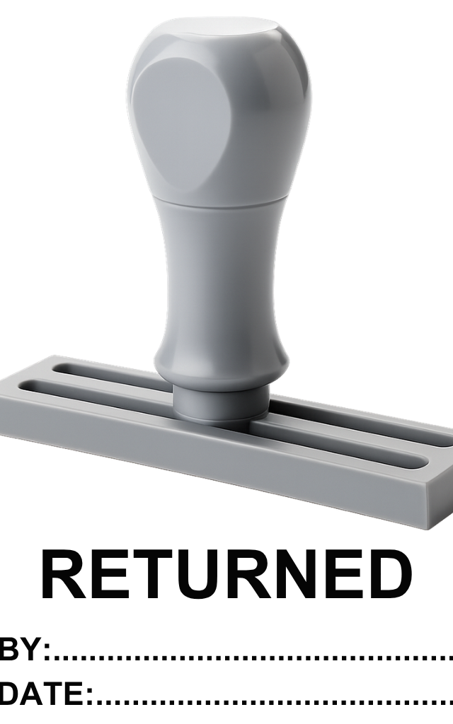 ตรายางข้อความสำเร็จรูป 'RETURNED BY:____ DATE:____'